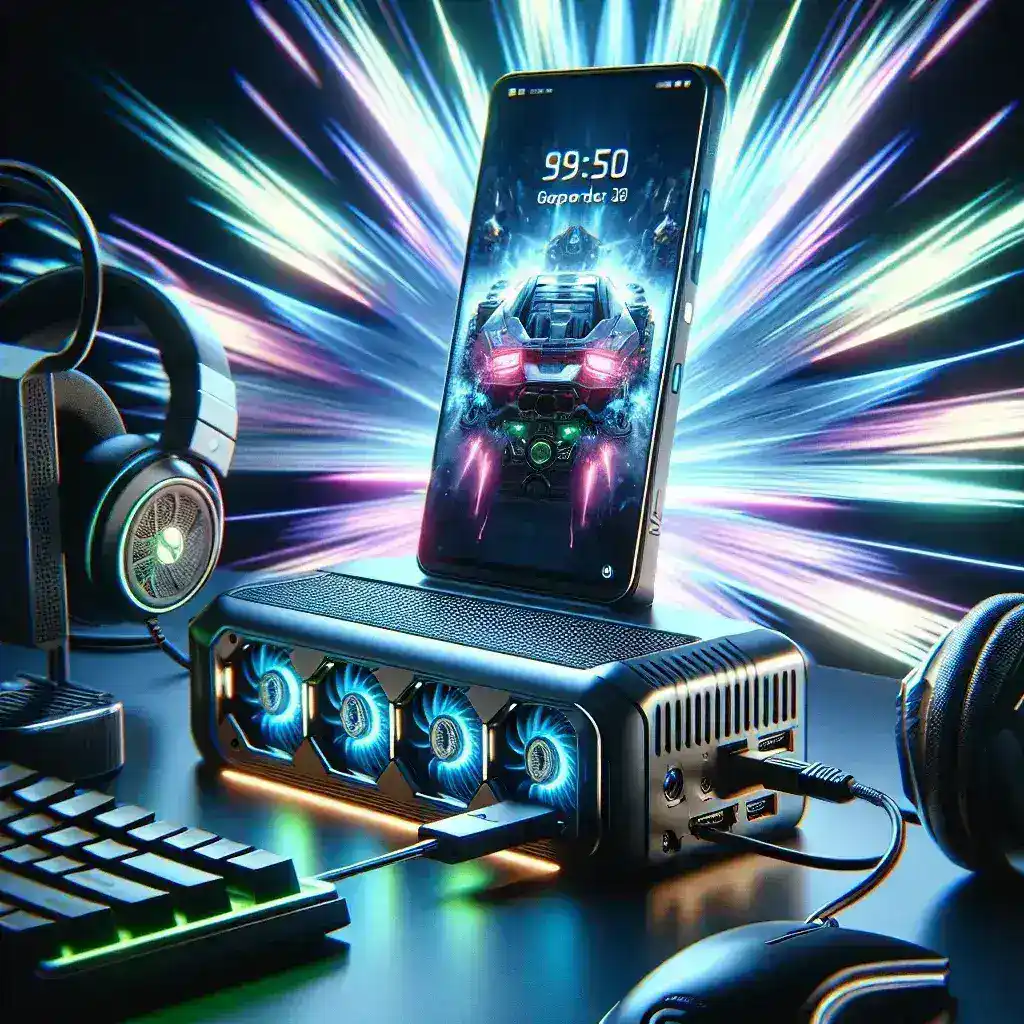 "High-end mobile gaming setup featuring an external GPU dock connected to a laptop, showcasing improved graphics performance and enhanced gaming experience."