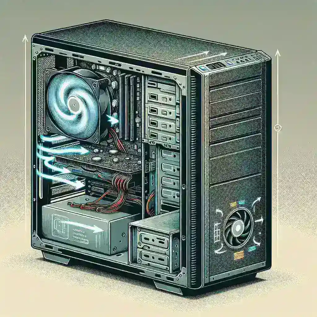 "High-performance gaming PC with advanced cooling system featuring multiple fans and liquid cooling setup to maintain optimal temperature during heavy usage."