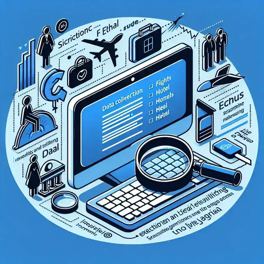 "Infographic illustrating the steps for legal and ethical data scraping for flight and hotel information, featuring tools, best practices, and compliance guidelines."