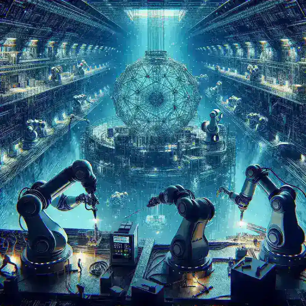 "Robotic AI system assembling components of a deep underground neutrino detector, showcasing advanced technology in particle physics research."